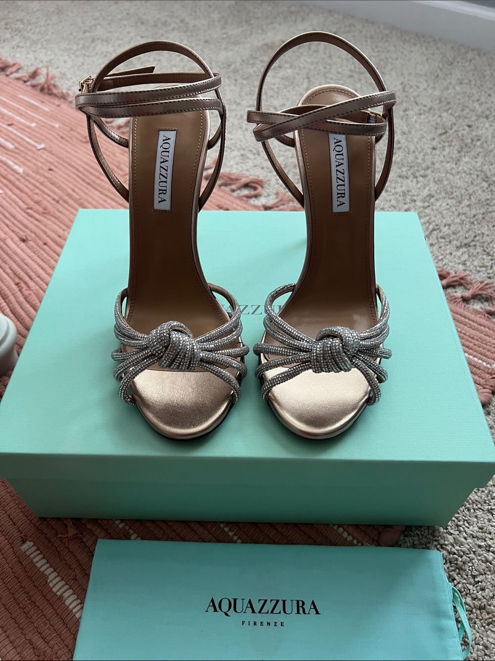 Aquazzura Metallic Rose Gold Knotted Crystal-Strap Heels- in color light copper